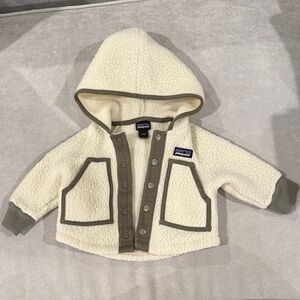 Patagonia Cream Sherpa Baby Hooded Jacket with Olive Trim